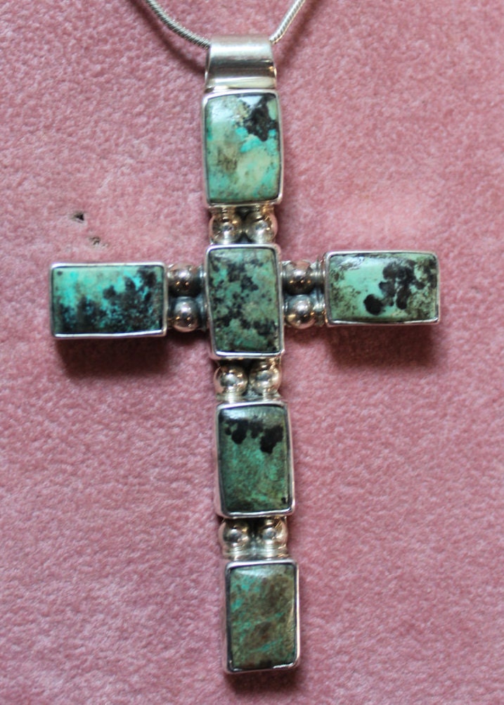 Turquoise and Sterling Silver Mexican Cross Necklace/Vintage
