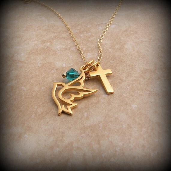 Gold Dove necklace Religious necklace Dove and Cross