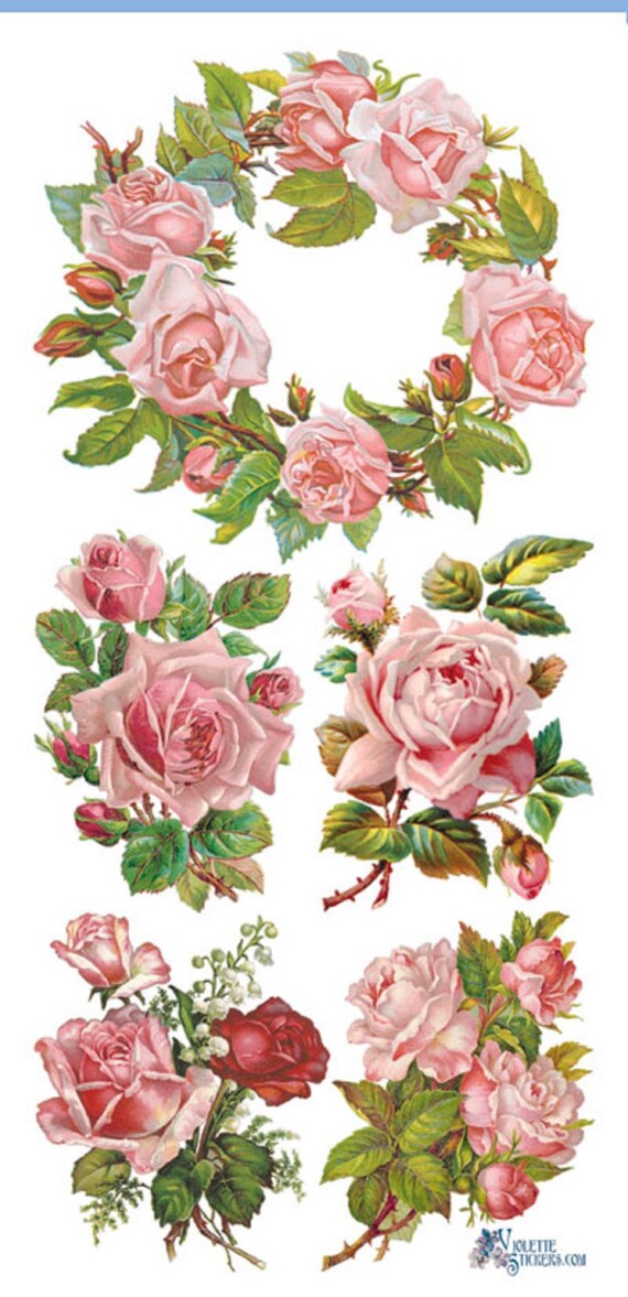 decoupage with napkins on wood PINK Decoupage ROSE Mixed WREATHS Stickers Collage