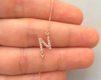 Gold Sideways Initial Necklace with CZ stone -Personalized Jewelry - Letter NEcklace - Personalized Bridesmaids Gifts -Personalized Necklace