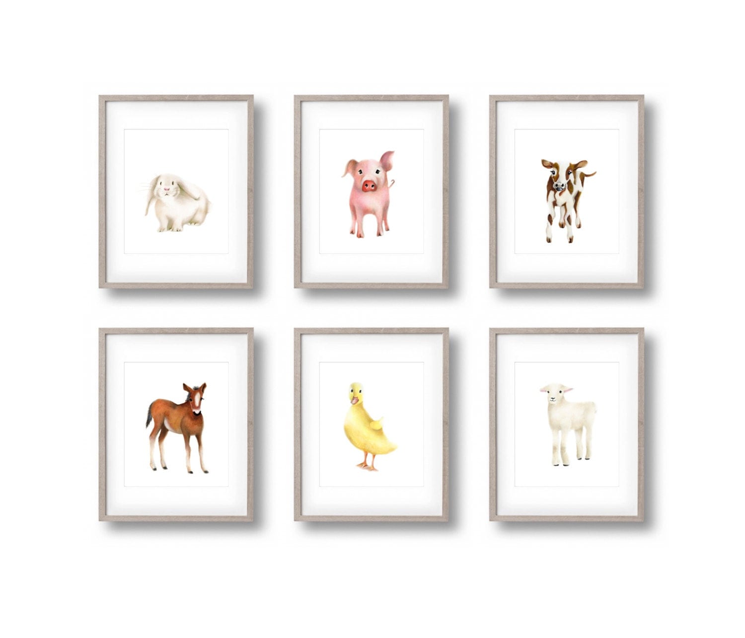 Baby Farm Animal Set of 6 Prints Nursery Art Pig Lamb