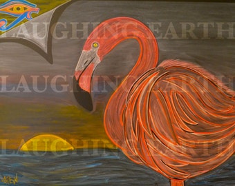 Flamingo and the sunset illustration done in colored chalk