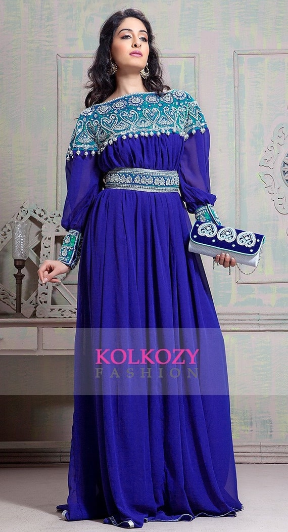 Blue Color Moroccan Kaftan Dress Maxi Full sleeve by KolkozyShop