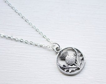 Scottish Thistle Necklace- Tiny Thistle Charm - Scotland Necklace - Double Sided Silver