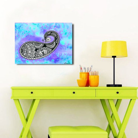 Sky Blue wall Art decor Batik Paisley Zentangle painting