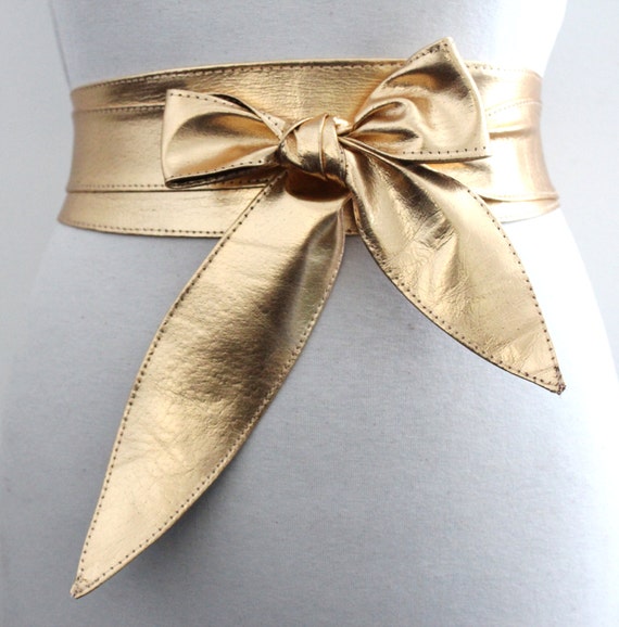 Gold Leather Obi Tulip Tie Belt Waist or Hip Belt Leather