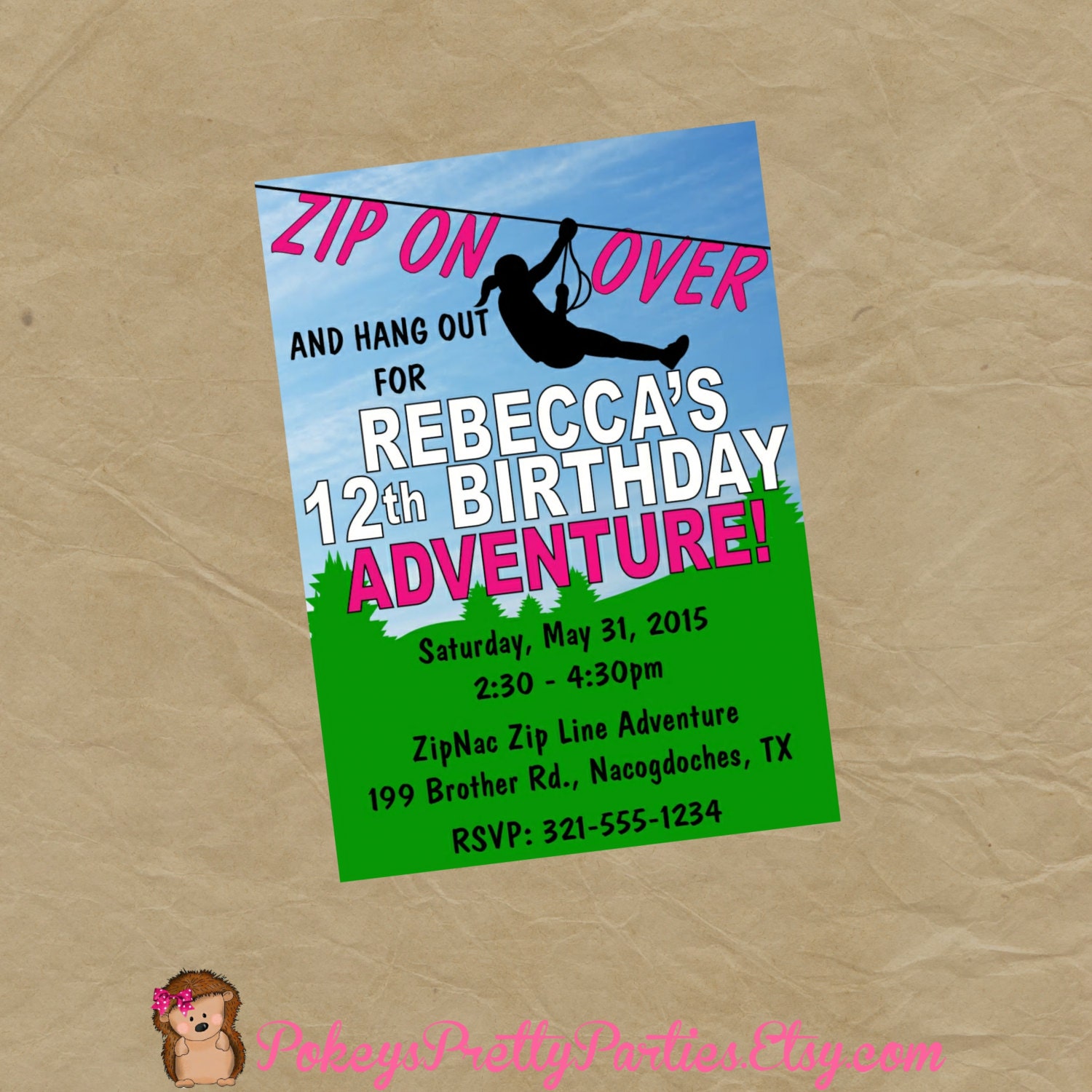 ZIPLINE Birthday Party Invitation Invite Zip Line Adventure