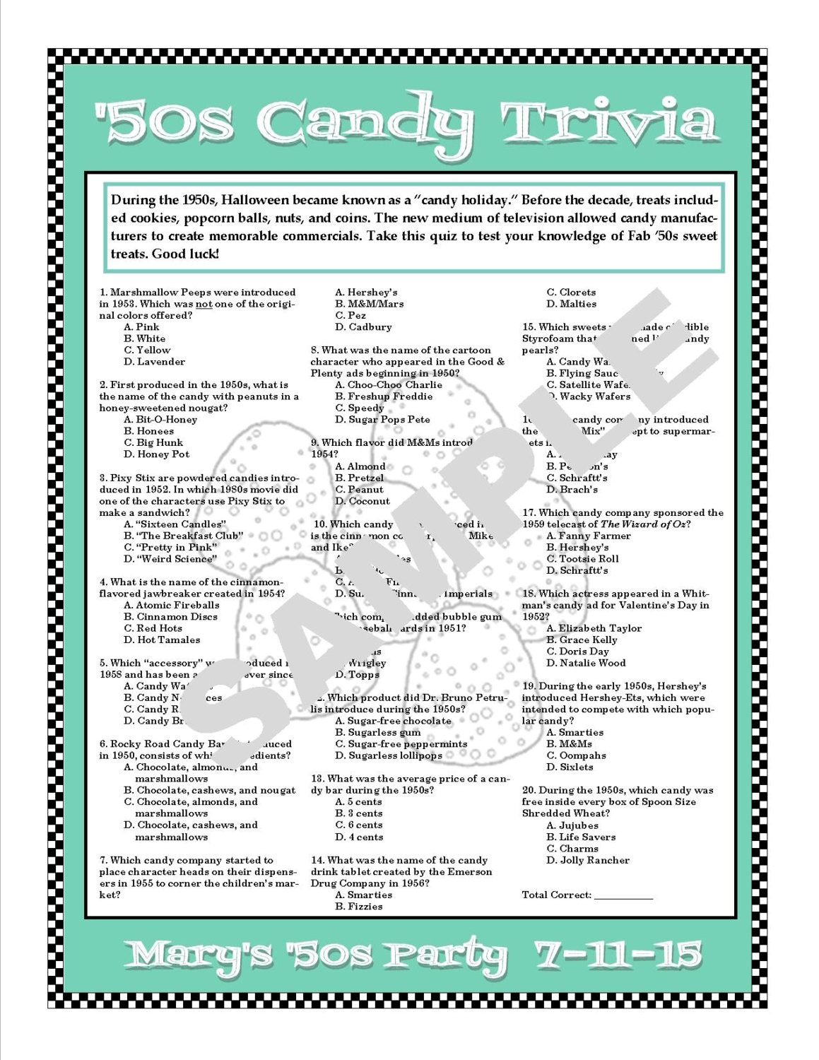 1950s Candy Trivia Printable GamePersonalize for Birthdays