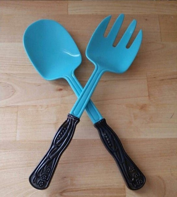 Vintage Retro Turquoise Aqua Plastic Salad Serving Utensils