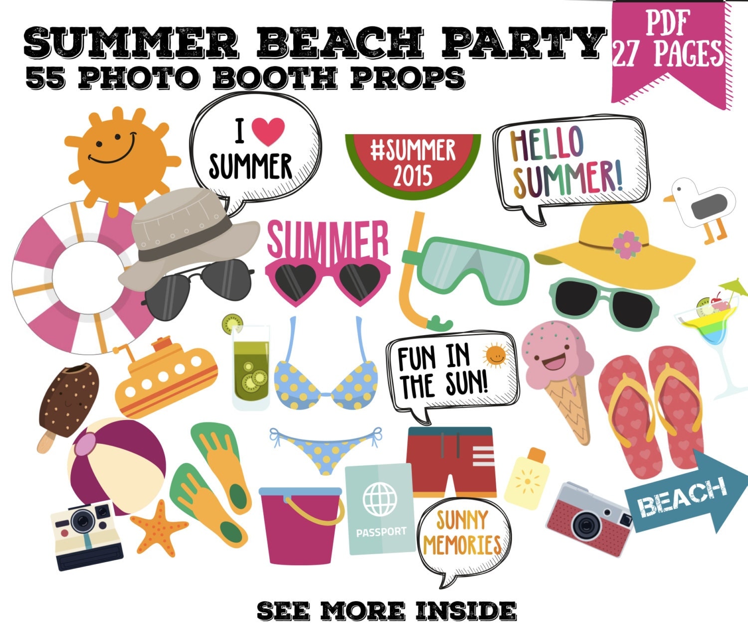 Summer beach party Photo booth props set 55 by LovelyPlannerCo