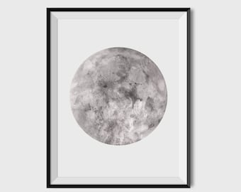 Watercolor Moon Print, Full Moon Print, Moon Art Print, Watercolor Moon Poster, Celestial Print, Black and White, Wall Art, Celestial Poster