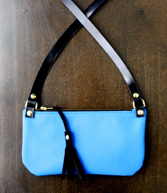 blue leather crossbody purse