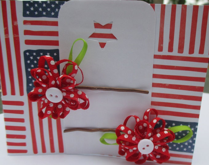 Red polka dot hair clips-Little girls hair accessories-Kids hair pins-toddlers gifts-4th of july Childrens barrettes-flower Button bobby pin