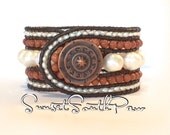 Freshwater Pearl and Semi Precious Goldstone 5 Row Beaded Leather Cuff Bracelet, Handmade  Cuff, 6.5 Inches, Free Shipping