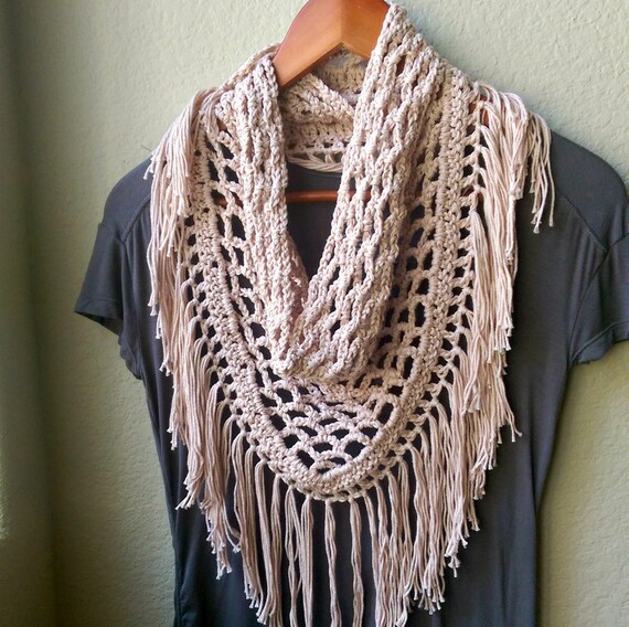 Items similar to Summer Cotton Scarf, Crochet Fringe Triangle Scarf