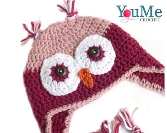 Owl hat with earflaps, handmade owl hat, pink owl hat