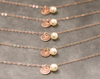 Bridesmaid Rose Gold Bracelet, Pearl & Initial Personalized Bridesmaid Bracelet, Rose Gold Bridesmaid Jewelry Set of 6