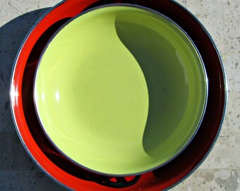Pair of Vintage Enamel Wear Metal Saute Pans from Yugoslavia - Two Handled Shallow Paella Pans