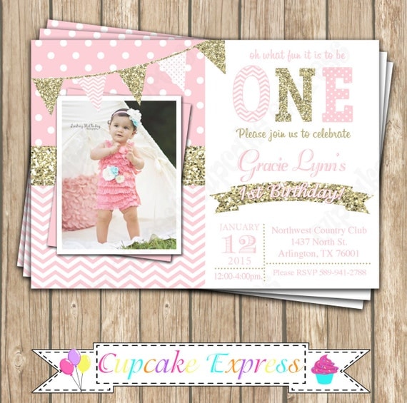Girls First Birthday invitation, pink gold invitation, first birthday girl, pink gold first birthday, pink and gold birthday, PRINTABLE 1030 Il_570xn