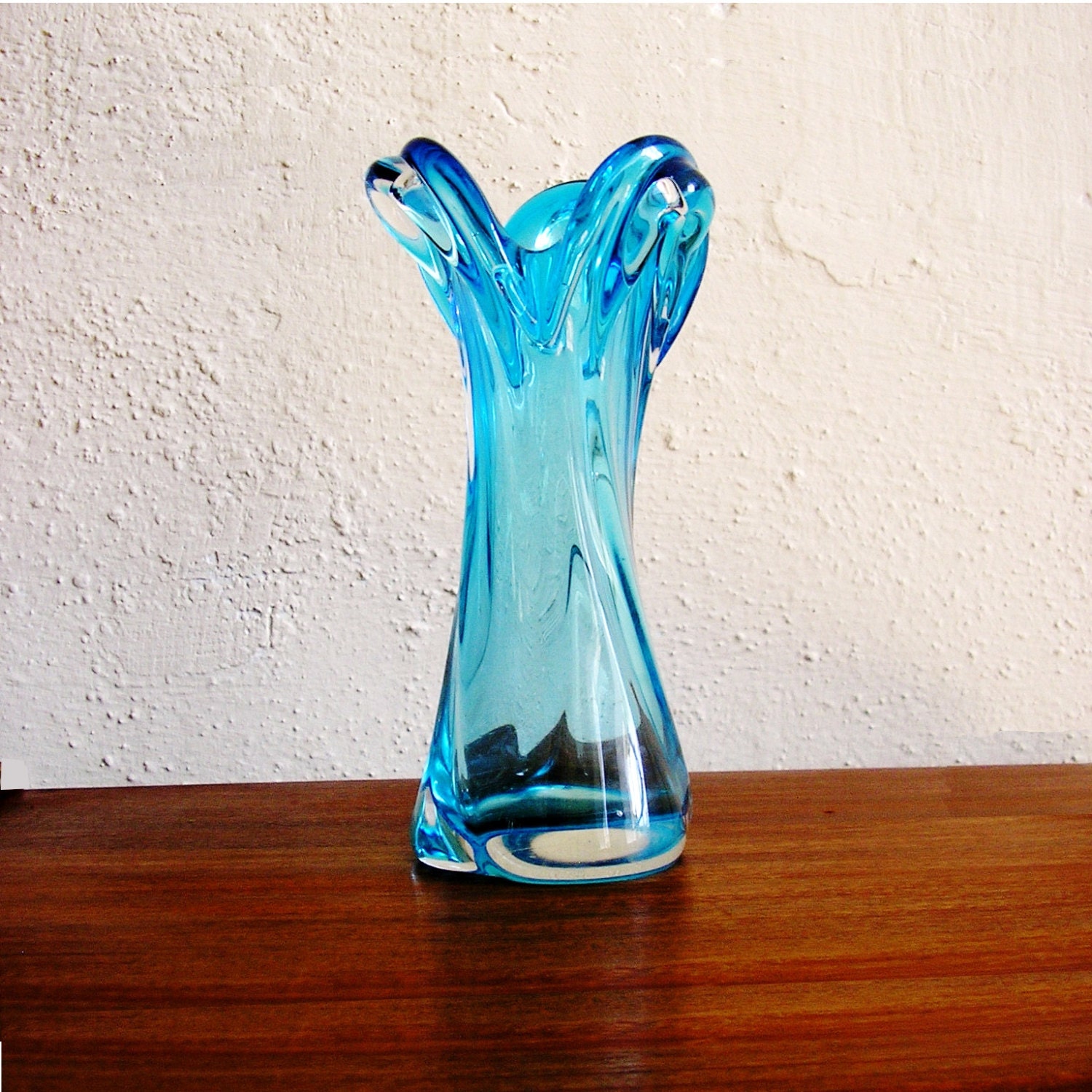 Vintage turquoise blue clear glass flower vase by TheIrishBarn