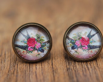 Swallow Earrings, Bird Earrings, Swallow, Bird, Floral, Studs, Stud Earrings, Post Earrings, Small Studs, Glass Dome Earrings