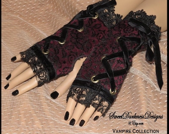 Gothic FINGERLESS GLOVES Gothic Cuffs Gothic Wrist CORSET Dark Victorian Vampire Gloves Burgundy Lace Vampire Gloves by SweetDarknessDesigns