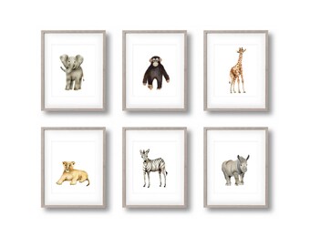 Safari Nursery Art Prints, Set of 6, Baby Animal Prints, Elephant, Giraffe, Zebra, Lion, Rhino, Monkey, Jungle, Gender Neutral Baby
