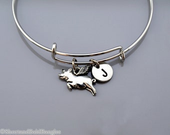 Pig with wings charm, flying pig charm, Flying Pig bangle, Flying Pig bracelet, Expandable bangle, Personalized bracelet, Initial bracelet