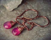 Carnelian Heart Earrings - Copper - Hot Pink Gemstone - Wire Wrapped - Twisted Hearts