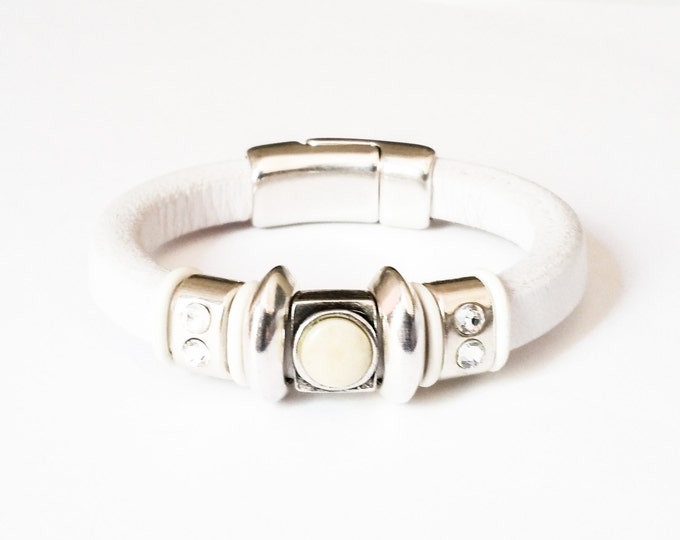 White Leather Bracelet, Leather White Bracelet, White Leather Silver Bracelet, Leather Bracelet, White Leather, White
