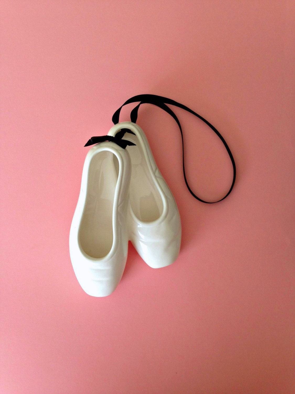 Ceramic Ballet Shoes in Cream with Black Ribbons Hanging Wall