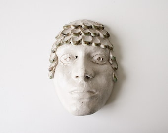 Vintage pottery wall mask handmade clay scultpure terra-cotta face plaque deco death mask head