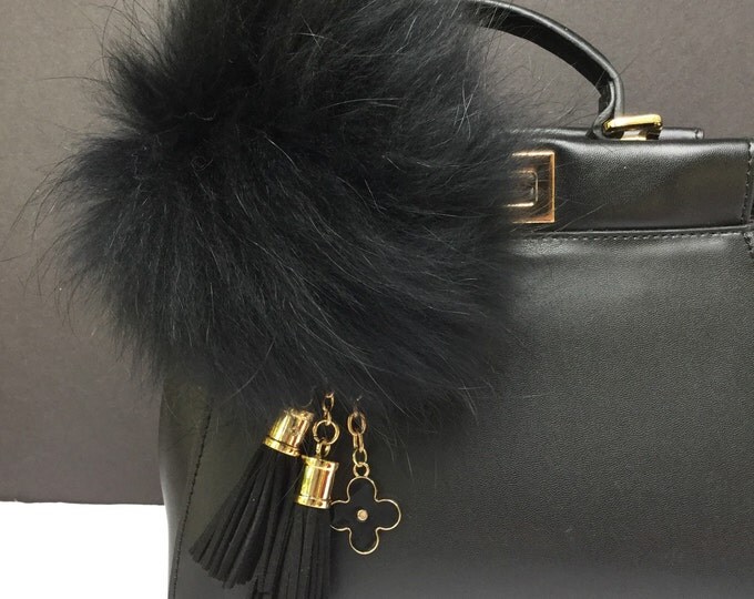 Black Raccoon Fur Pom Pom luxury bag pendant + black flower charm in with two real leather tassels