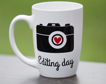 Photographer gift idea coffee mug. Editing day, custom tea cup with camera, red heart and phrase editing day. Perfect photography gifts mug