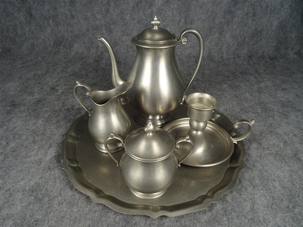 Williamsburg Kirk Stieff Pewter Tea Set With Serving Plate and Candle