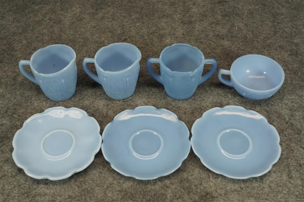 Blue Milk Glass Small Partial Tea Set Haute Juice