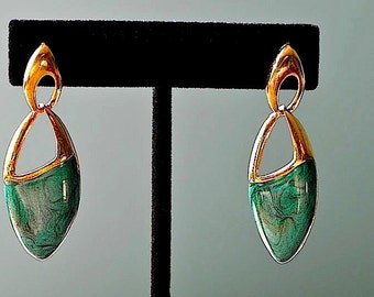 Vintage Green Enamel Gold Tone Tear Drop Pierced Earrings / Green Enamel Door Knocker Pierced Earrings / Green Enamel Earrings