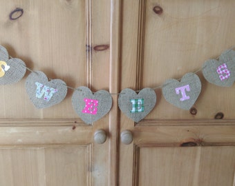 candy cart sign, sweets table rustic wedding banner, hessian burlap hearts bunting, hanging sign, hessian wedding buffet sign