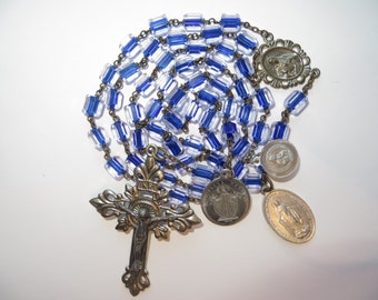 Circa 1940's Vintage Cobalt-lined Crystal Clear Beads Rosary-Medals-64.5cm Long