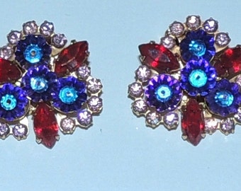 Signed Beau Jewels Earrings Clip On Jewelry Earrings Brilliant Multi Colored Rhinestones