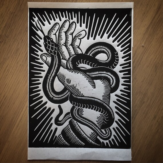 Items similar to Snake charmer linocut on Etsy