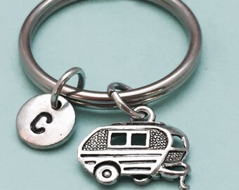 Camper keychain, camper charm, rv keychain, travel trailer, personalized keychain, initial keychain, monogram, customized