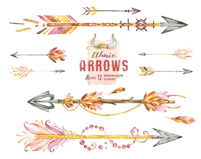 Download Ethnic Arrows. 12 Watercolor Hand painted Clipart by ...