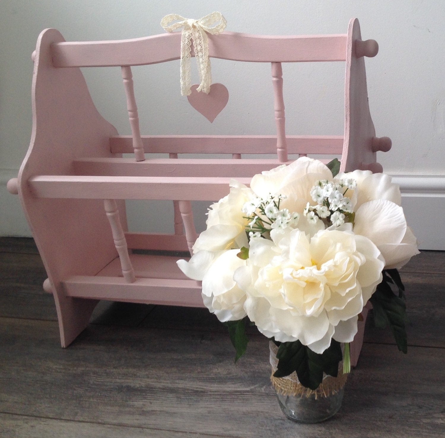 Lovely Pink Shabby Chic Magazine Rack with Heart and Cream Lace – Annie ...