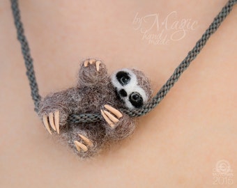 Felt sloth necklace, needle felt sloth, kumihimo necklace, mini sloth, wool toy sloth, small pendant, sloth art