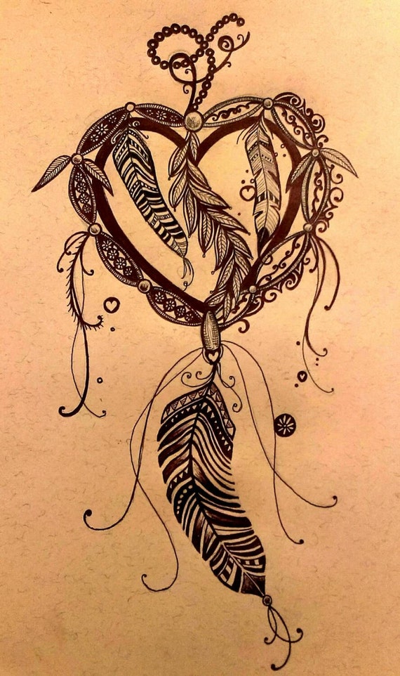 Items similar to Love heart dream catcher ink drawing. One ...