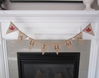 Autumn burlap banner - Fall banner with red maple leaves