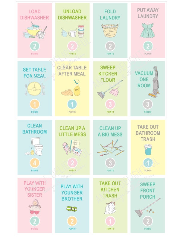 Children's Printable CHORE CARDS with POINTS Digital File