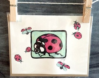 Hand painted lady bug card, original miniature painting, "Lana" 2, blank greeting card, insect card