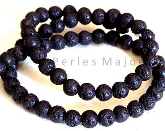 Lot de 65 perles de lave rondes noires naturelles 6 mm